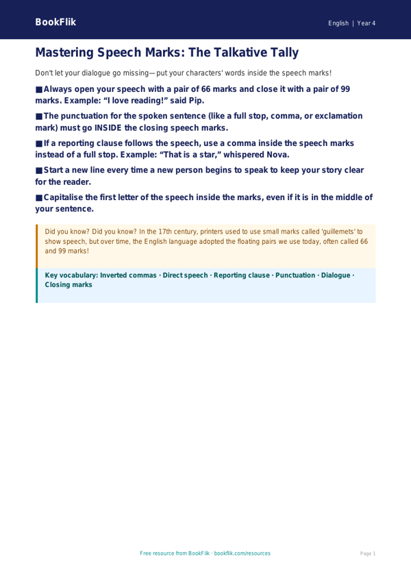 Free Speech Marks Poster | Class 4 | English | BookFlik worksheet preview — English Speech Marks