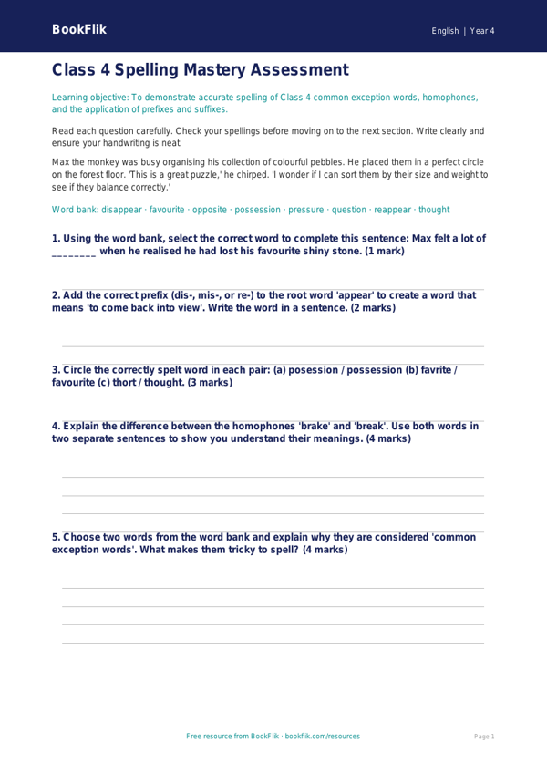 English spelling assessment class 4 core worksheet preview — English Spelling