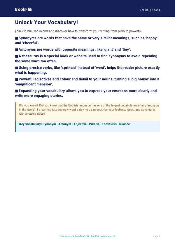Free Vocabulary Poster | Class 4 | English | BookFlik worksheet preview — English Vocabulary