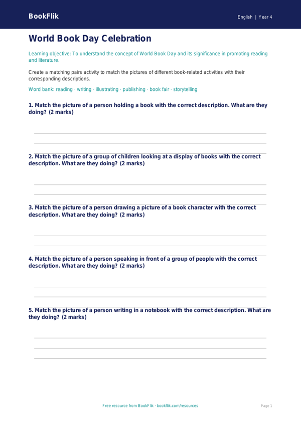 Free World Book Day Activity Sheet | Class 4 | English | BookFlik worksheet preview — English World Book Day