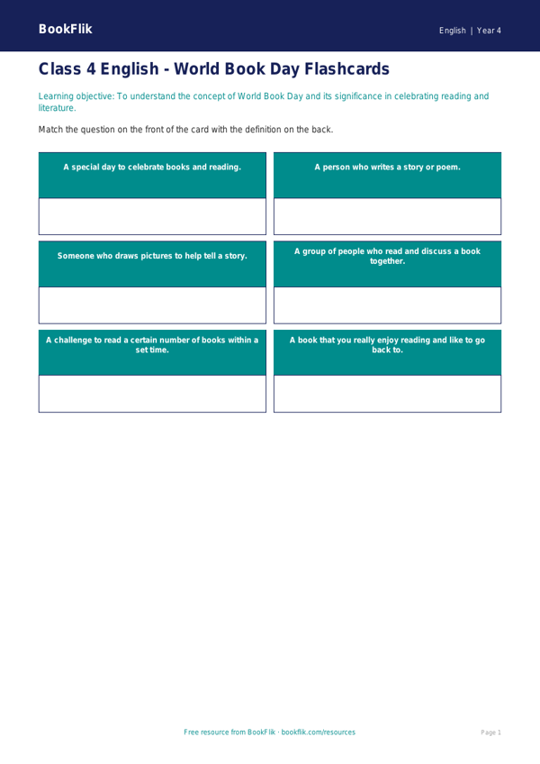 Free World Book Day Flashcards | Class 4 | English | BookFlik worksheet preview — English World Book Day