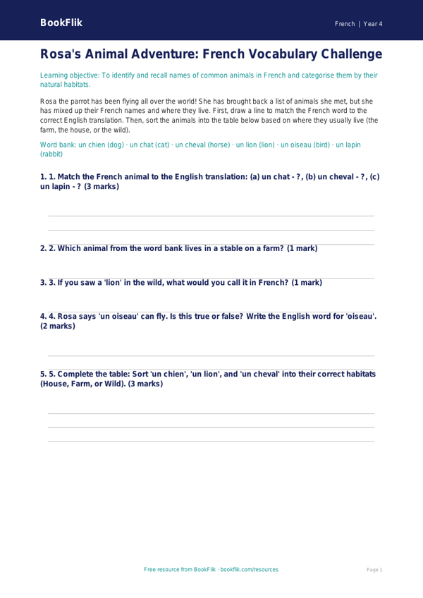 Learn French with Animals | Free Class 4 Worksheet | BookFlik worksheet preview — French Animals