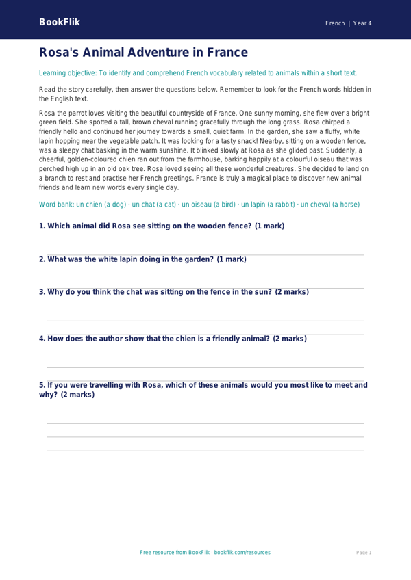 Free Animals Comprehension in French for Class 4 CBSE / NCERT | BookFlik worksheet preview — French Animals