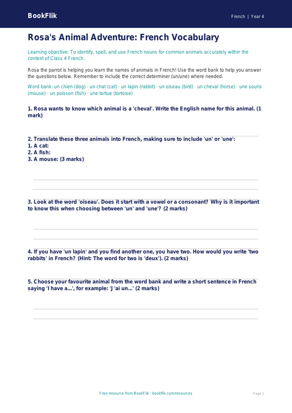 Free Animals Worksheet for Class 4 CBSE | BookFlik worksheet preview — French Animals