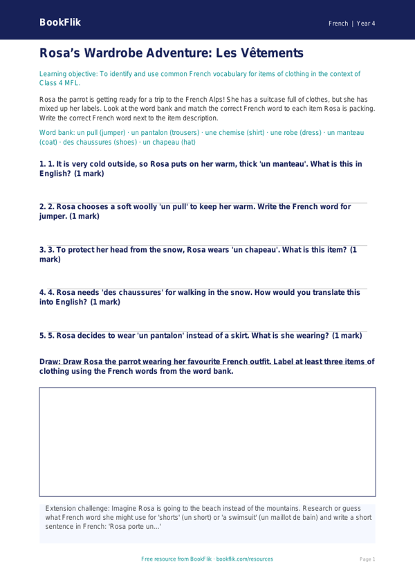Free Clothes Activity Sheet for Class 4 Students | BookFlik worksheet preview — French Clothes