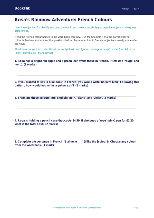 Free Colours Worksheet in French for Class 4 | BookFlik worksheet preview — French Colours
