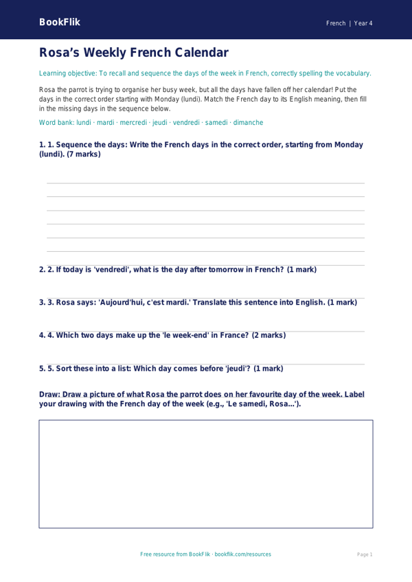 Learn Days of the Week in French with BookFlik | Class 4 Activity Sheet worksheet preview — French Days Of The Week