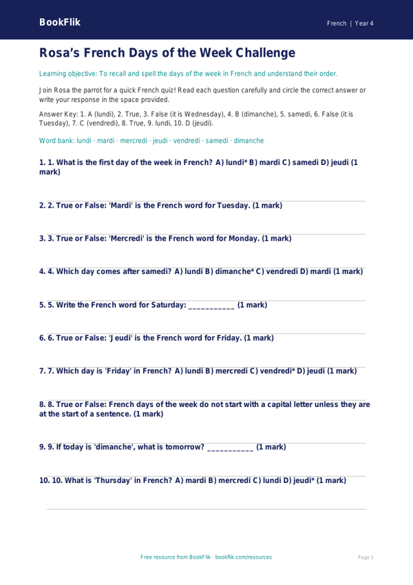 Free Days of the Week Quiz for CBSE Class 4 Students | BookFlik worksheet preview — French Days Of The Week