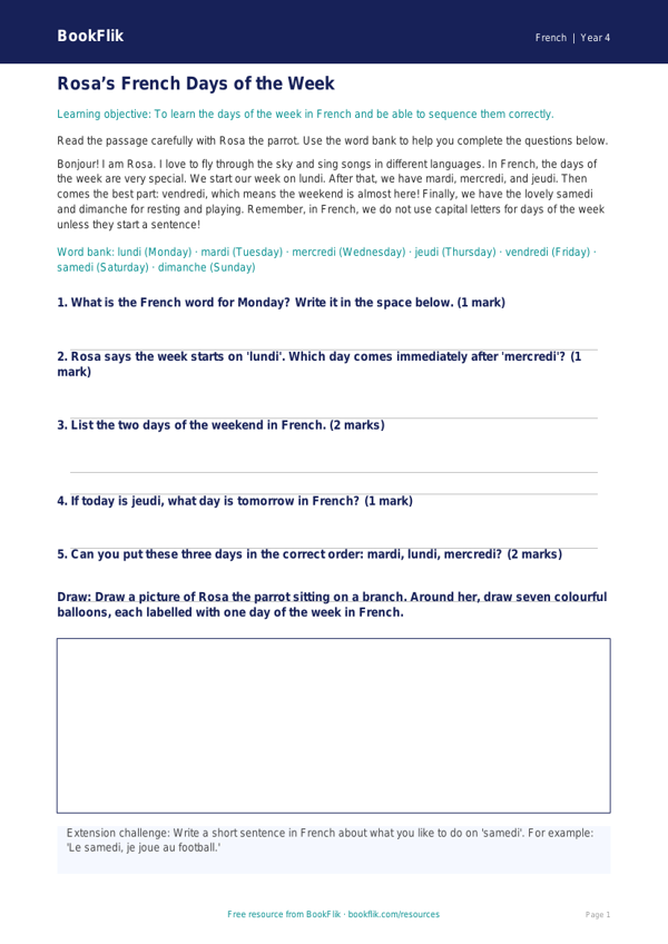 Free Days of the Week Track Sheet for Class 4 Students | BookFlik worksheet preview — French Days Of The Week