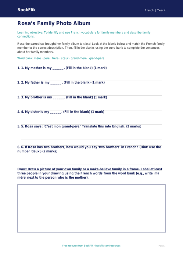 Learn French with Family Activity Sheet | Class 4 | BookFlik worksheet preview — French Family