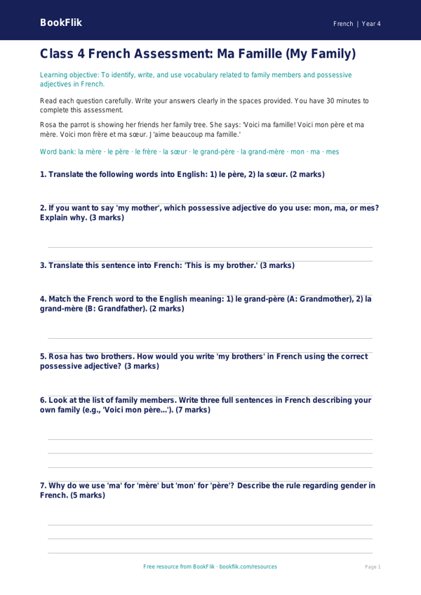 Free Family Assessment for Class 4 | French | BookFlik worksheet preview — French Family