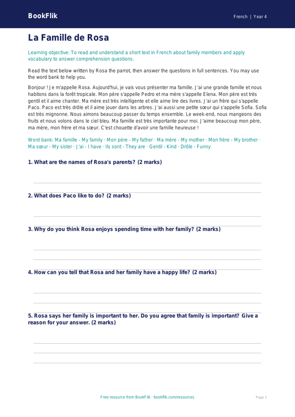 Free Family Comprehension Exercise for Class 4 Students in French | BookFlik worksheet preview — French Family