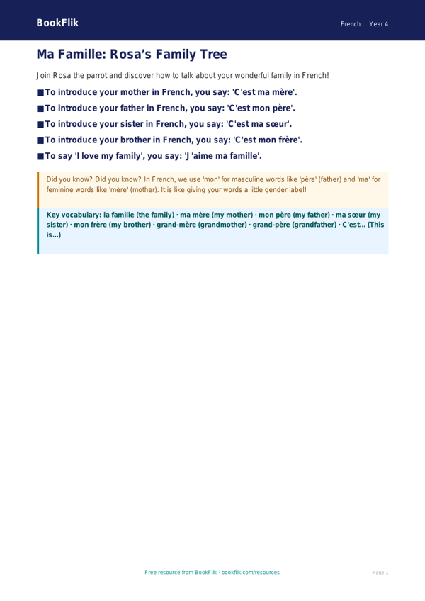 Free Family Poster | Class 4 | French | BookFlik worksheet preview — French Family