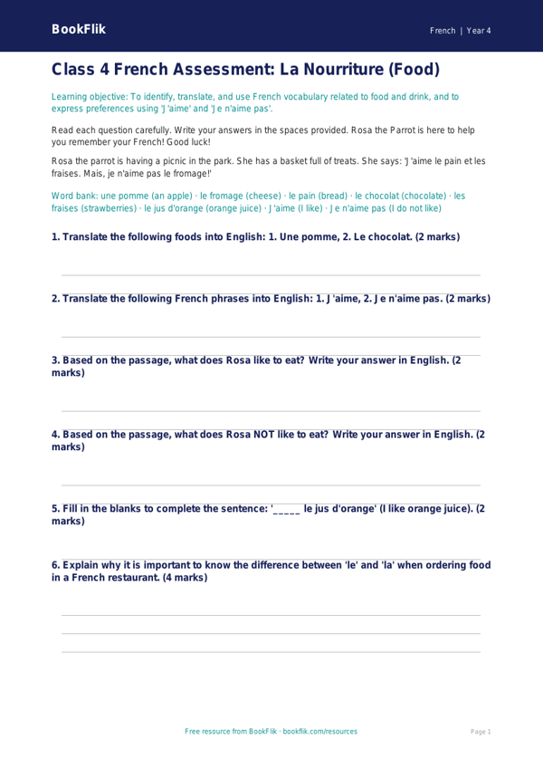 Free Food Assessment | Class 4 French | BookFlik worksheet preview — French Food