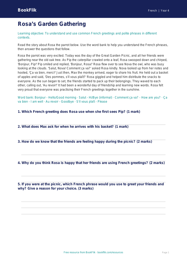 Free French Greetings Comprehension for Class 4 Students | BookFlik worksheet preview — French Greetings