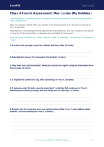 Free Hobbies Assessment for Class 4 Students | BookFlik French