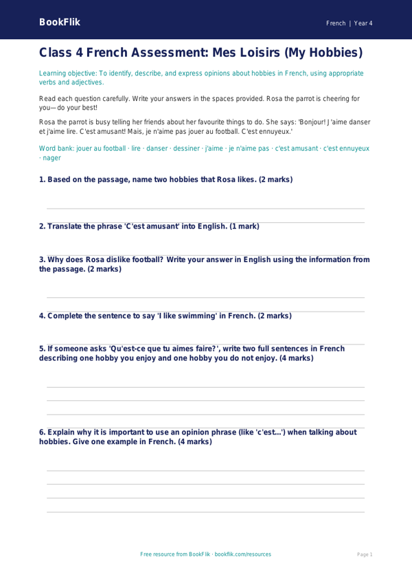 Free Hobbies Assessment for Class 4 Students | BookFlik French worksheet preview — French Hobbies
