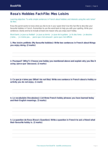 Free French Hobbies Worksheet for Class 4 | BookFlik