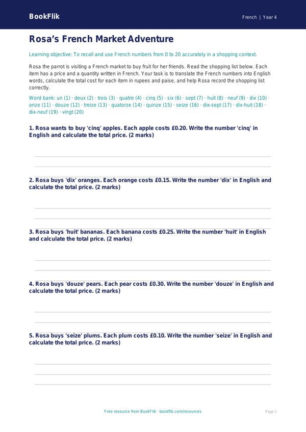 Free Numbers Activity Sheet for Class 4 | French Lessons | BookFlik worksheet preview — French Numbers