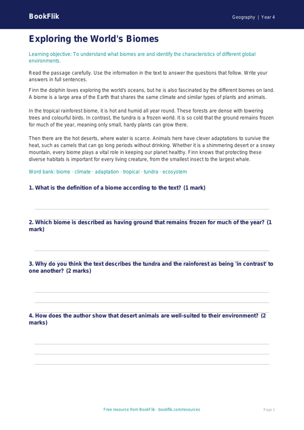 Free Biomes Comprehension | Class 4 | Geography | BookFlik worksheet preview — Geography Biomes