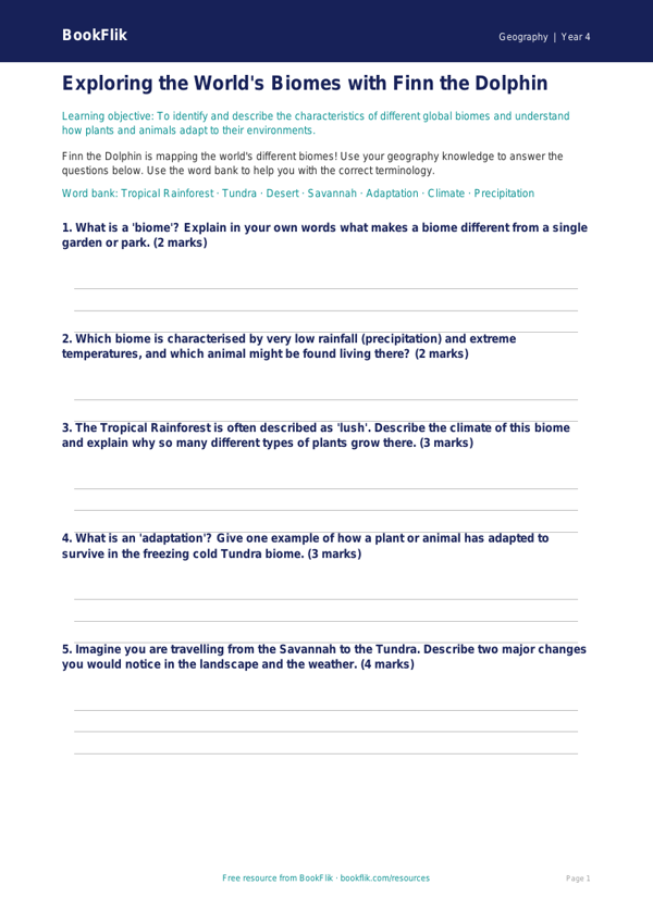 Free Biomes Worksheet | Class 4 | Geography | BookFlik worksheet preview — Geography Biomes