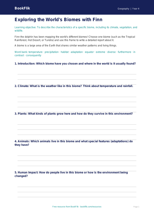 Free Biomes Writing Frame | Class 4 | Geography | BookFlik worksheet preview — Geography Biomes