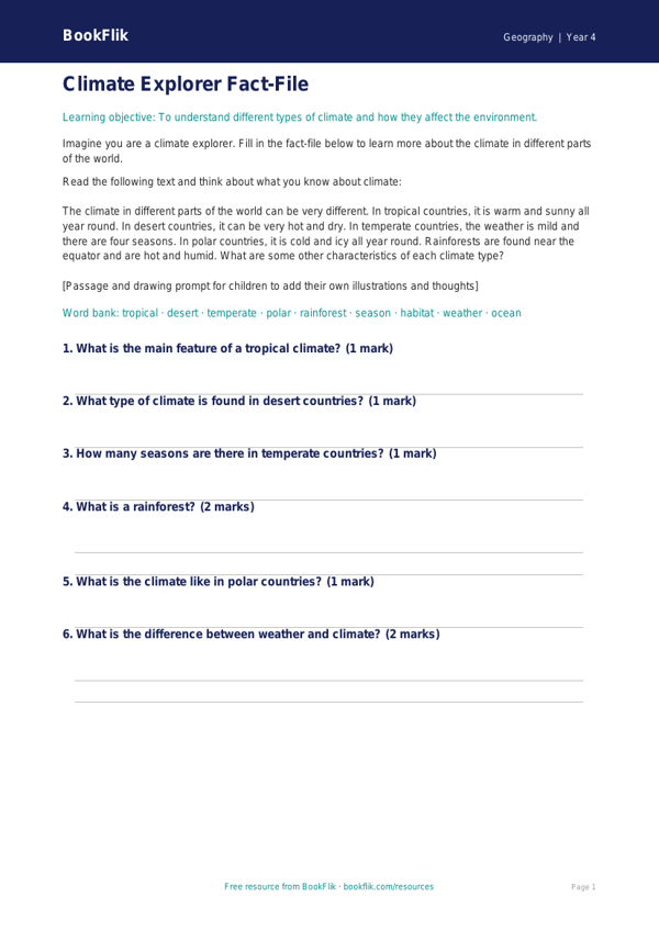 Climate Template for Class 4 | CBSE Geography | BookFlik worksheet preview — Geography Climate