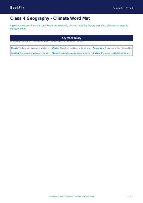 Geography climate word mat class 4 core worksheet preview — Geography Climate