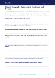 Free Continents And Oceans Assessment | Class 4 | Geography | BookFlik