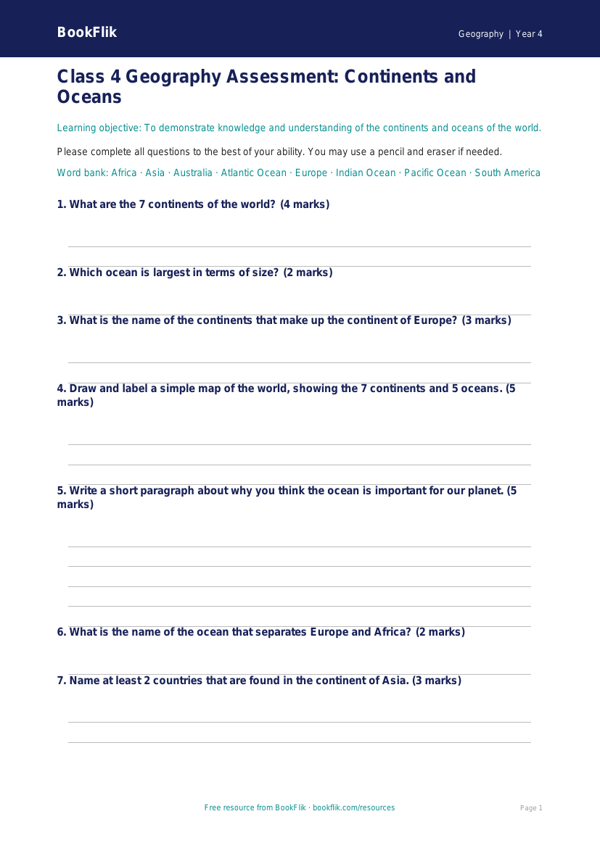 Free Continents And Oceans Assessment | Class 4 | Geography | BookFlik worksheet preview — Geography Continents And Oceans