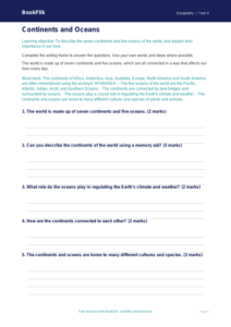 Free Continents And Oceans Writing Frame | Class 4 | Geography | BookFlik