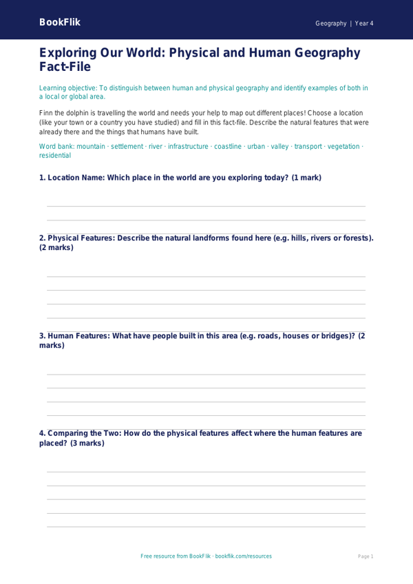 Free Human And Physical Geography Template | Class 4 | Geography | BookFlik worksheet preview — Geography Human And Physical Geography