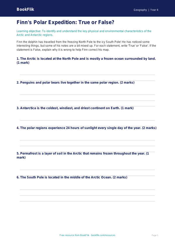 Free Polar Regions Activity Sheet | Class 4 | Geography | BookFlik worksheet preview — Geography Polar Regions