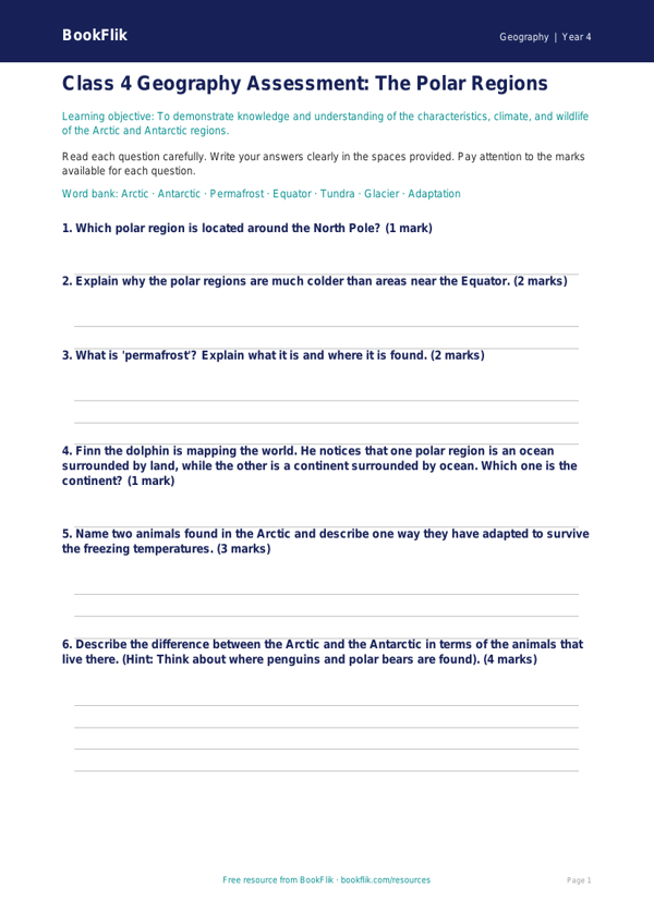 Free Polar Regions Assessment | Class 4 | Geography | BookFlik worksheet preview — Geography Polar Regions