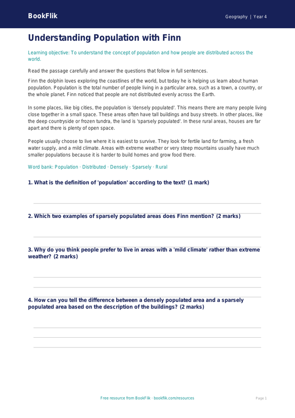 Geography population comprehension class 4 core worksheet preview — Geography Population