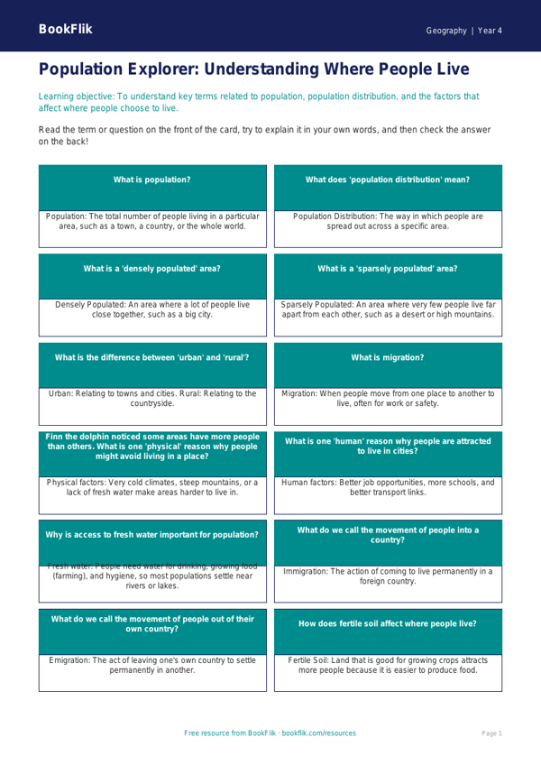 Free Population Flashcards | Class 4 | Geography | BookFlik worksheet preview — Geography Population