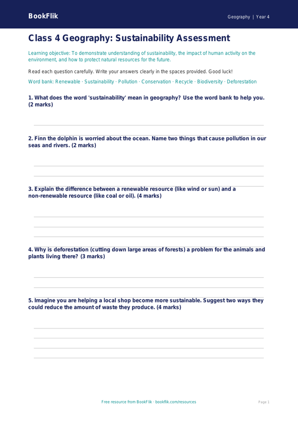 Free Sustainability Assessment | Class 4 | Geography | BookFlik worksheet preview — Geography Sustainability