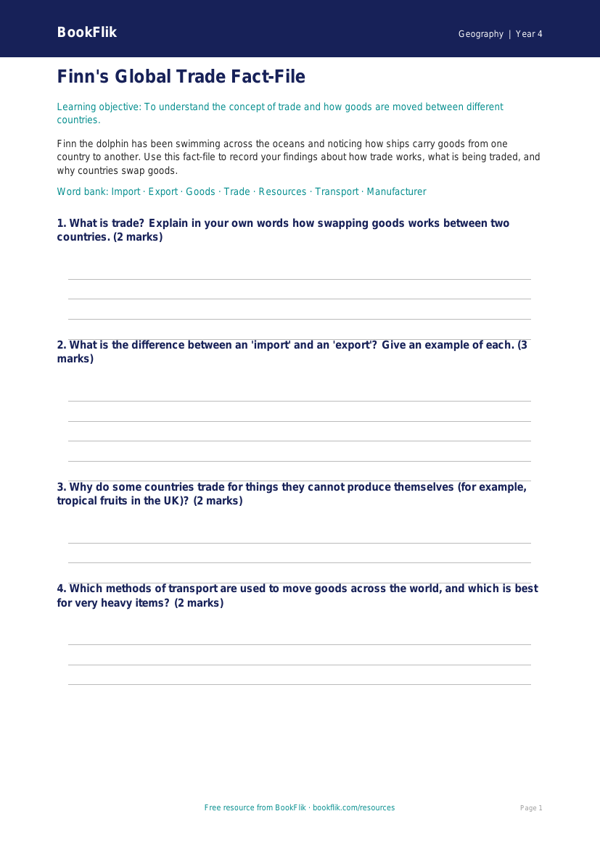 Trade Template for Class 4 | CBSE Geography | BookFlik worksheet preview — Geography Trade