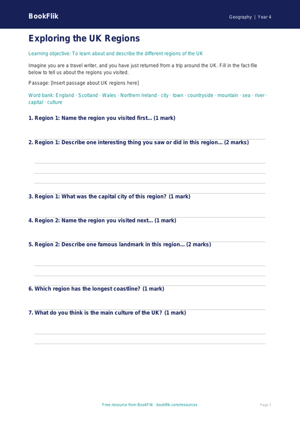 Understanding UK Regions: Class 4 Geography Worksheet | BookFlik worksheet preview — Geography Uk Regions