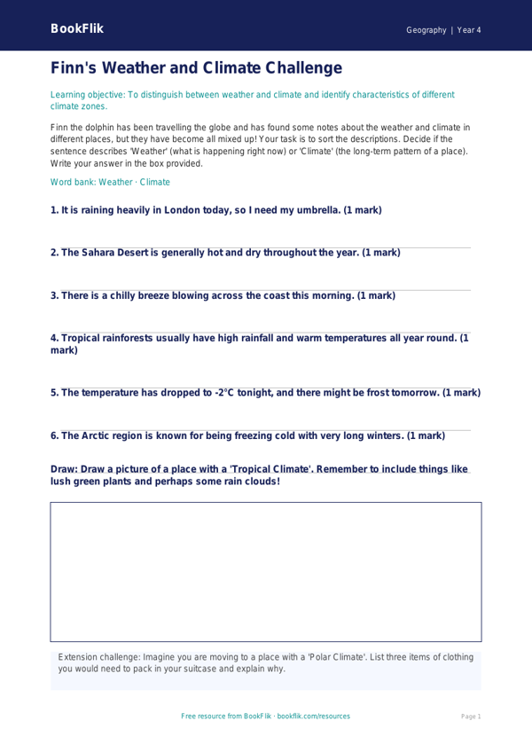 Free Weather And Climate Activity Sheet | Class 4 | Geography | BookFlik worksheet preview — Geography Weather And Climate