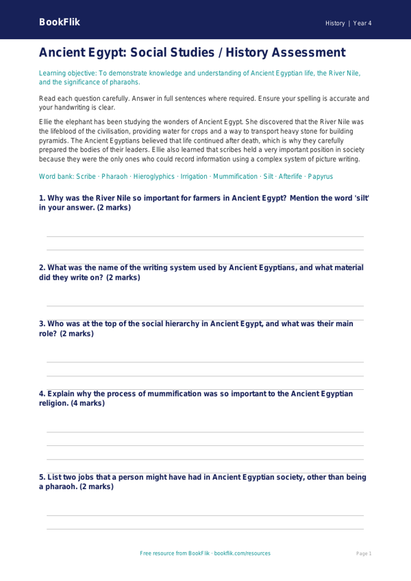 Free Ancient Egypt Assessment | Class 4 | Social Studies / History | BookFlik worksheet preview — History Ancient Egypt