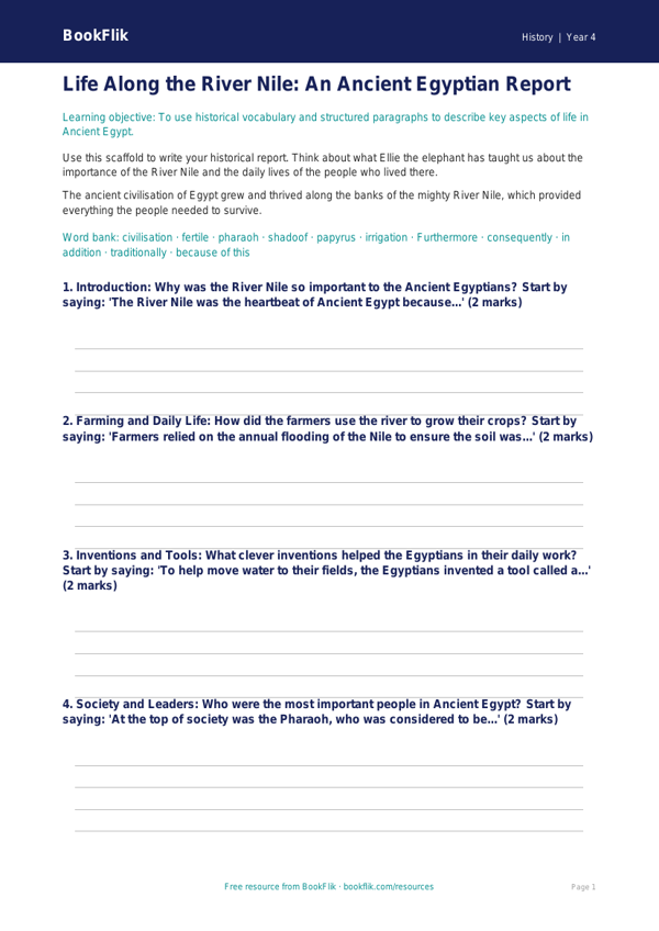 Social Studies / History ancient egypt writing frame class 4 core worksheet preview — History Ancient Egypt