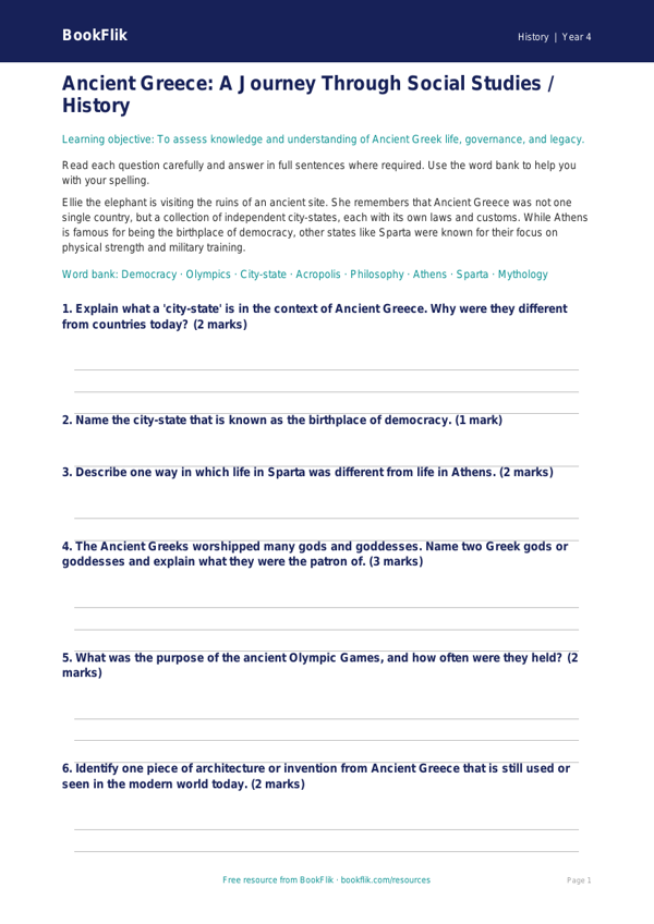 Free Ancient Greece Assessment | Class 4 | Social Studies / History | BookFlik worksheet preview — History Ancient Greece