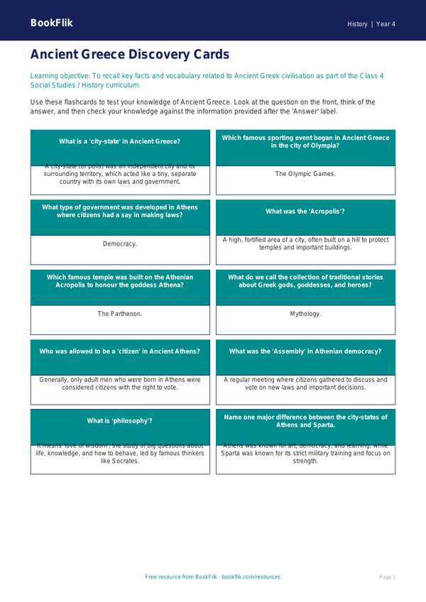 Social Studies / History ancient greece flashcards class 4 core worksheet preview — History Ancient Greece