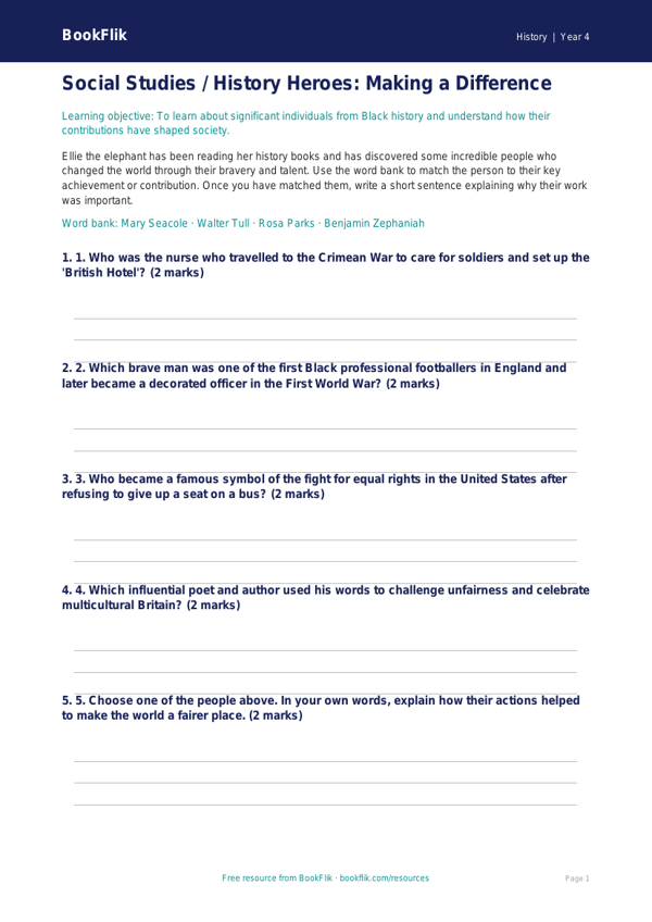Free Black History Activity Sheet | Class 4 | Social Studies | BookFlik worksheet preview — History Black History