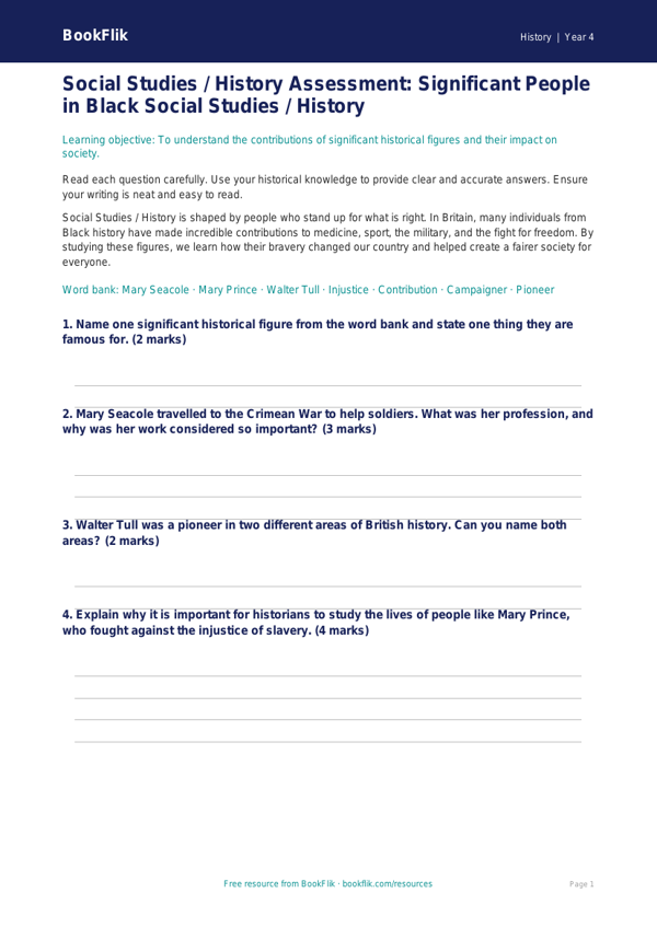 Social Studies / History black history assessment class 4 core worksheet preview — History Black History
