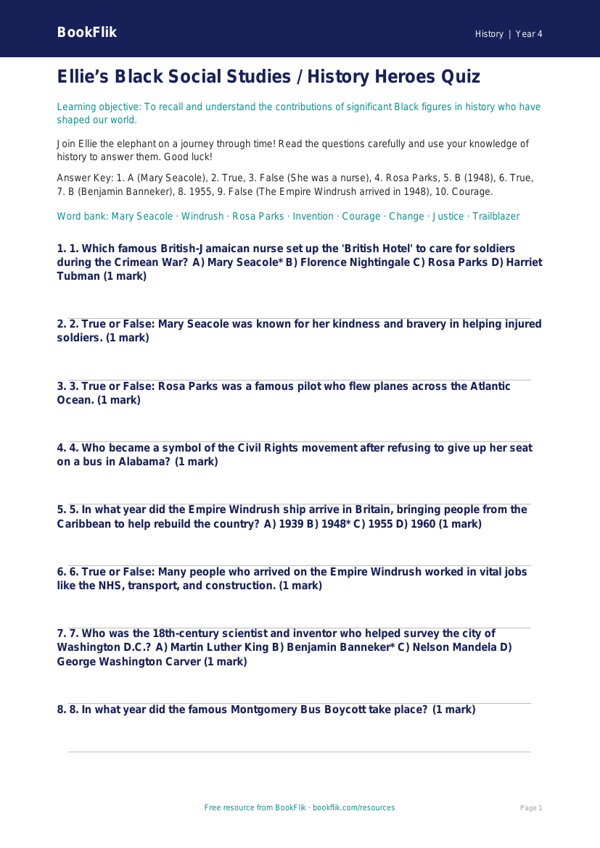Black History Quiz for Class 4 | CBSE Social Studies | BookFlik worksheet preview — History Black History