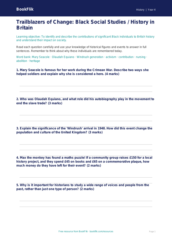 Social Studies / History black history worksheet class 4 core worksheet preview — History Black History