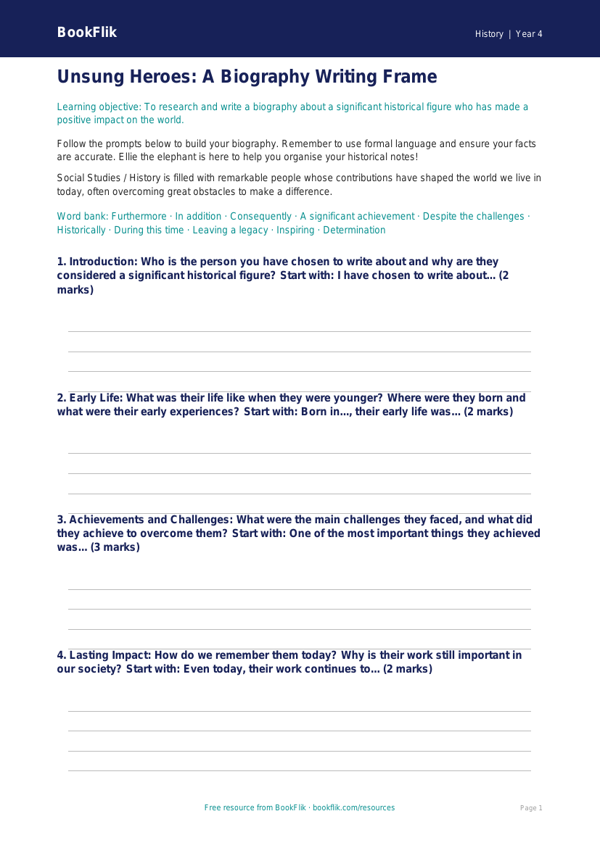 Free Black History Writing Frame | Class 4 | Social Studies / History | BookFlik worksheet preview — History Black History