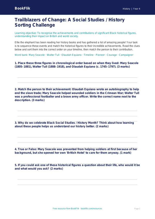 Black History Month Activity Sheet for Class 4 | CBSE Social Studies worksheet preview — History Black History Month
